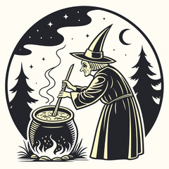 Vintage Witch Brewing a Potion
