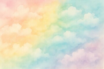 Dreamy pastel rainbow watercolor wash with soft cloud-like textures blending seamlessly for whimsical children's book illustration background