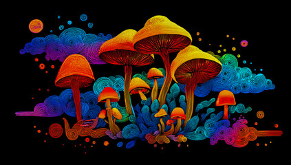 Vibrant psychedelic mushrooms glowing with neon colors on a dark abstract background