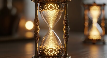 Elegant hourglass with glowing sand symbolizing fleeting time and precious moments ticking away slowly