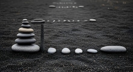 Running Outdoors concept with smooth pebbles marking a turnaround point on a volcanic ash trail