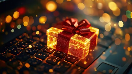 A sparkling gift box with a red ribbon sits on a laptop keyboard, surrounded by bokeh lights, symbolizing online shopping and festive celebrations