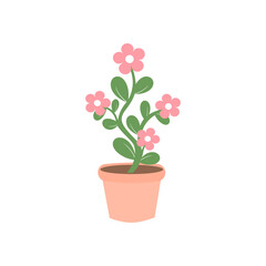 Flat Vector Potted Plant with Pink Flowers and Green Leaves in Terracotta Pot