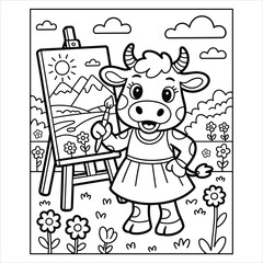 Cute Cow Painting Coloring Page for Kids