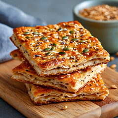 Freshly baked sesame flatbread cozy kitchen food photography warm atmosphere close-up culinary delight