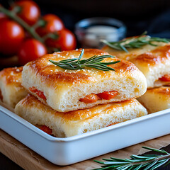 Baking delicious tomato cheese focaccia bread cozy kitchen food photography warm environment close-up culinary art