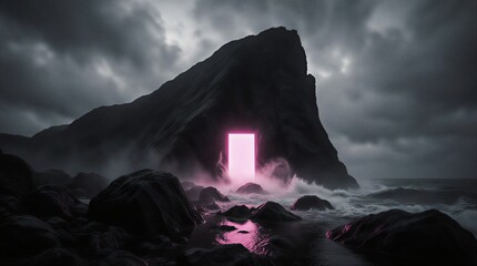 neon pink square frame emerging from a misty coastal landscape | abstract, atmospheric, surreal, futuristic, coastal theme