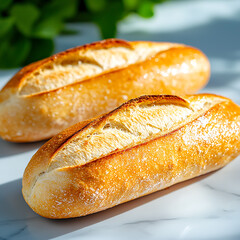 Freshly baked artisan baguettes bakery food photography bright kitchen close-up culinary delight
