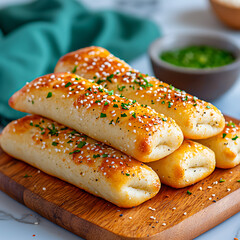 Baking delicious garlic breadsticks kitchen food photography indoor close-up culinary delight