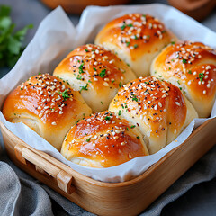 Freshly baked sesame rolls cozy kitchen food photography warm environment top-down view culinary delight
