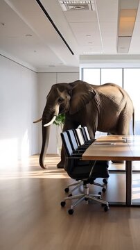 Elephant in a modern office, next to a long conference table