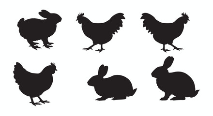 Charming Farm Life A Silhouette Vector Illustration of Rabbits and Chickens, Perfect for Easter or Rural Scene Designs
