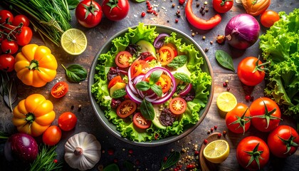 Fototapeta premium Vibrant Fresh Salad and Healthy Ingredients on Rustic Table