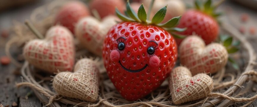 Strawberry Farm Charm  A Country Strawberry Surrounded by Rustic Hearts