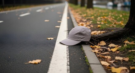 Running Outdoors concept with neutral-color running cap by a root set in city riverside path with autumn leaves and crisp lane markings, suitable for fitness stories.