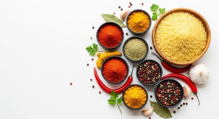 A vibrant assortment of colorful spices and ingredients, including chili peppers, turmeric, and garlic, arranged on a white surface