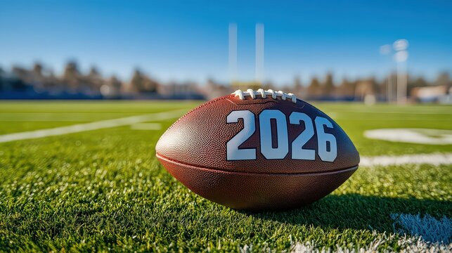 A closeup shot of an american football with the year 2026 painted on it, sitting on the green grass of a football field under a clear blue sky, symbolizing future games