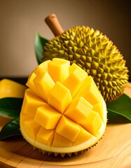 Freshly cut mango and durian on a wooden plate