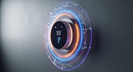 Modern smart thermostat displaying temperature with connected home automation technology interface
