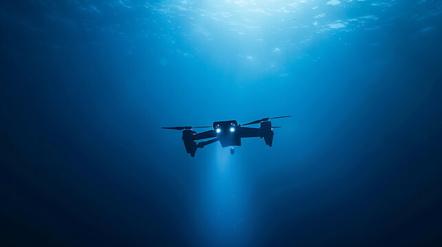 Underwater drone illuminated by lights, floating in deep blue ocean with sunlight filtering from above