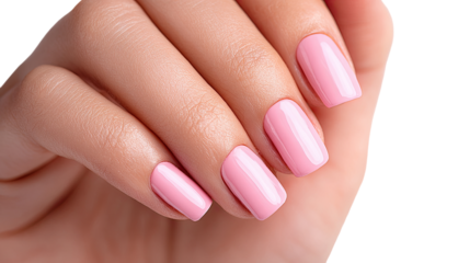 Close-up of manicured hands with light pink nails