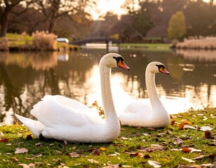 Obraz premium Two swans by a pond in autumn light