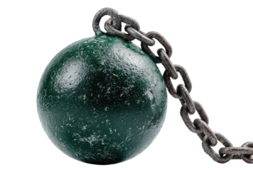 A dark-green, heavy ball, rusted chain