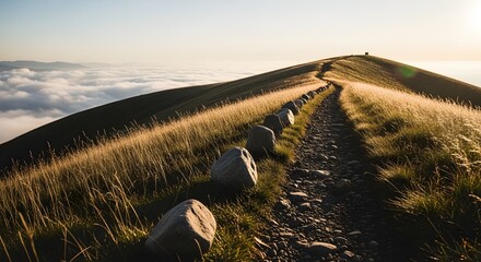 Running Outdoors concept: minimalist pace stones in mountain ridge track with low clouds and sunlit grass