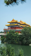 Fototapeta premium Traditional Chinese temple in Penglai, Shandong, with red pillars, golden roofs, and ornate details, surrounded by lush greenery and a serene natural setting.