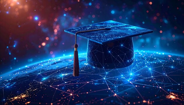 A mortarboard floats over a globe overlaid with digital network connections and a glowing cosmos background