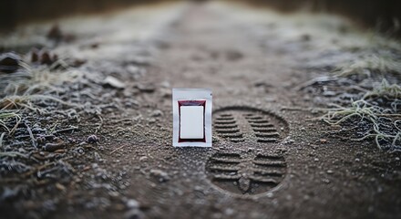 Running Outdoors concept without people featuring small unbranded energy gel packet with blank face set in dawn forest trail with frosty shoe prints on compacted earth