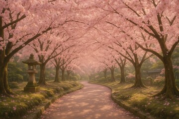 Fototapeta premium Enchanting cherry blossom tunnel with soft pink petals creating romantic archway in Japanese garden during peak spring bloom season