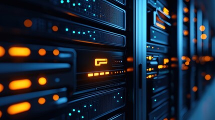 High-tech server room with glowing data storage units
