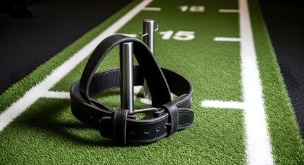 Gym Workout concept without people featuring weightlifting belt without logo draped on a hook set in sled lane with turf fiber detail, natural lighting, deep focus, and clean composition.