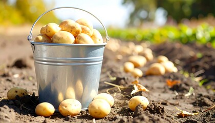 Freshly harvested potatoes in a metal bucket