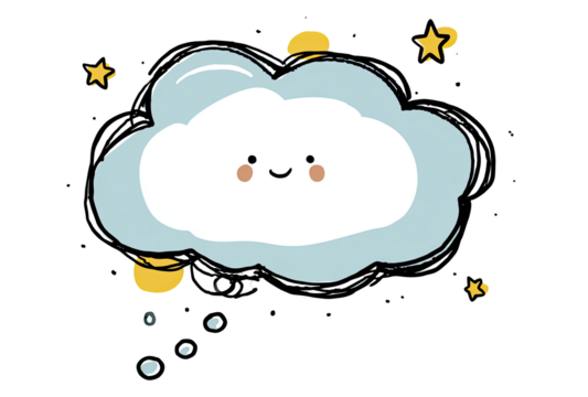 Cute cartoon cloud with a happy face, light blue and white, surrounded by stars and golden circles, suggesting dreams or thoughts - Powered by Adobe