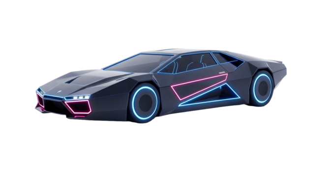 A dark, futuristic, and angular sports car with glowing neon blue and pink accents, isolated on a transparent background