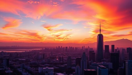 Fototapeta premium Blazing orange and purple sunset hues paint a cityscape skyline, twilight, metropolitan