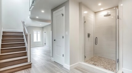 Modern compact bathroom under stairs with sleek finishes, a glass shower enclosure, and efficient layout