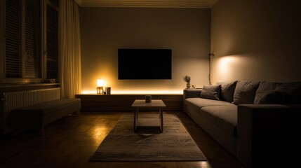 Cozy Contemporary Living Room at Night with Ambient LED Lights