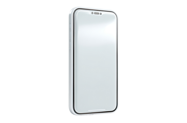 Smartphone with protective screen and frame.  White device,  glossy finish.  Slim case