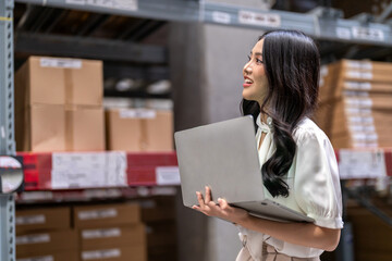 Female engineers discussing inventory in warehouse logistics and supply chain planning, operation management, data analysis, warehouse shipping, inventory tracking, optimization and technology