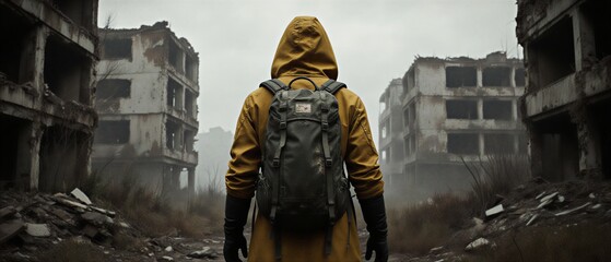 lone figure trekking through a deserted and decaying urban landscape | adventure, post-apocalypse, travel, exploration, mood theme