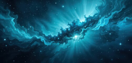 Modern Abstract Space Art  Teal Nebula   Contemporary Cosmic Blue Wall Decor with Light Effects