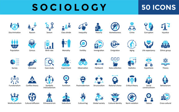 Sociology icons set with discrimination, racism, sexism, class divide, inequality, poverty, homelessness, crime, corruption, injustice icon. Simple flat vector illustration
