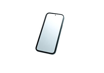 A modern smartphone, angled, with a blank screen.  It's a light gray/silver color, set against a black backdrop, highlighting the device's form