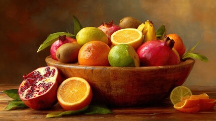Rustic Wooden Bowl with Assorted Fresh Fruits in Painterly Still Life