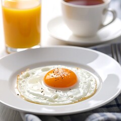 Fried egg with orange juice and tea