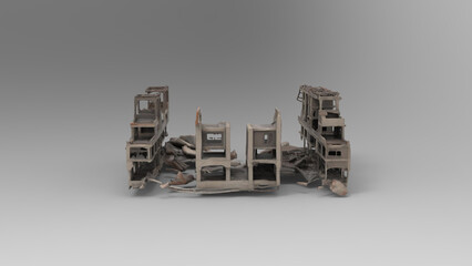 building in ruins with rocks and debris around it 