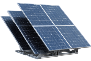 Multiple solar panels mounted on a adjustable stand, angled to maximize sunlight exposure